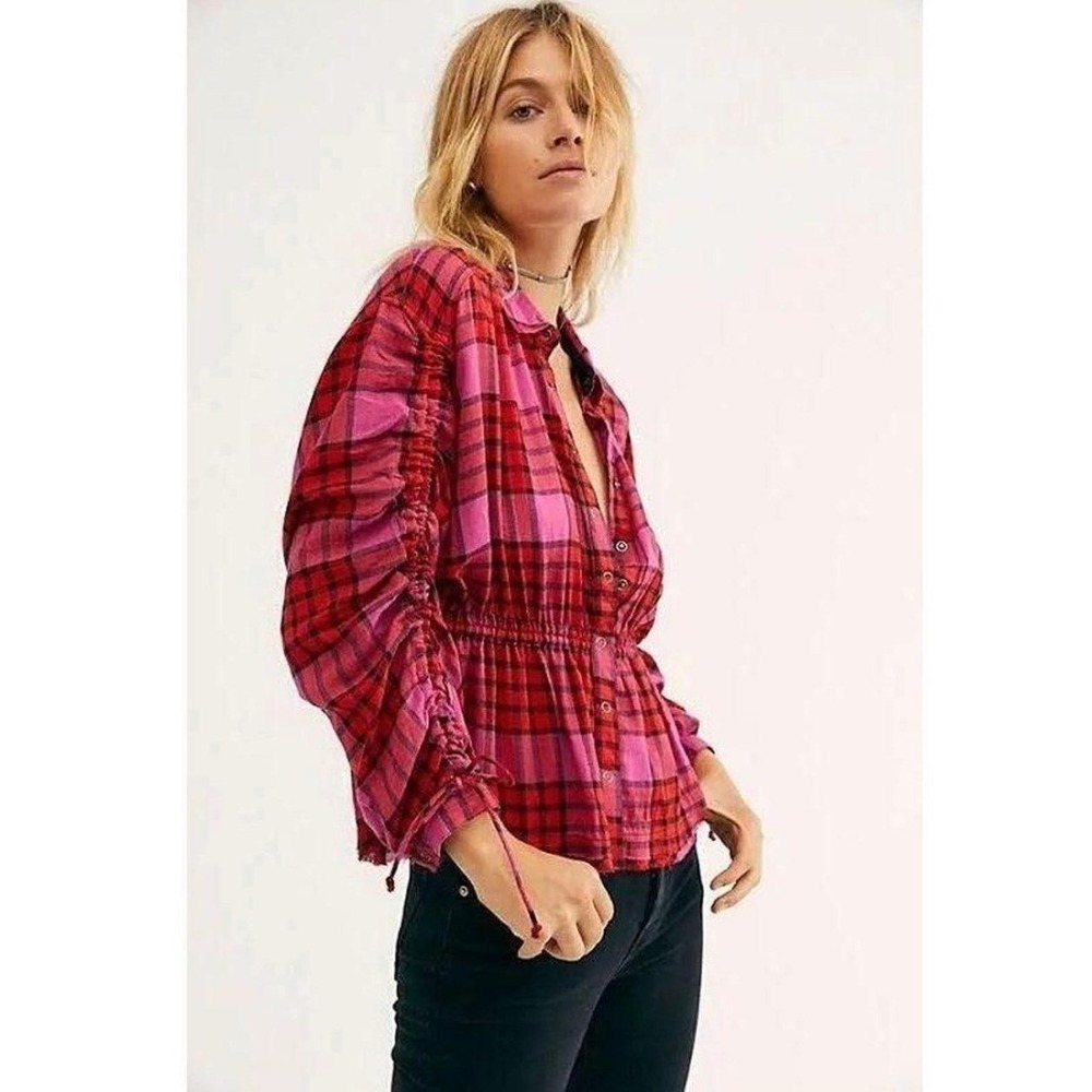We The Free Free People Boho Lumberjack Plaid Frayed Flannel Top Large Pink Red